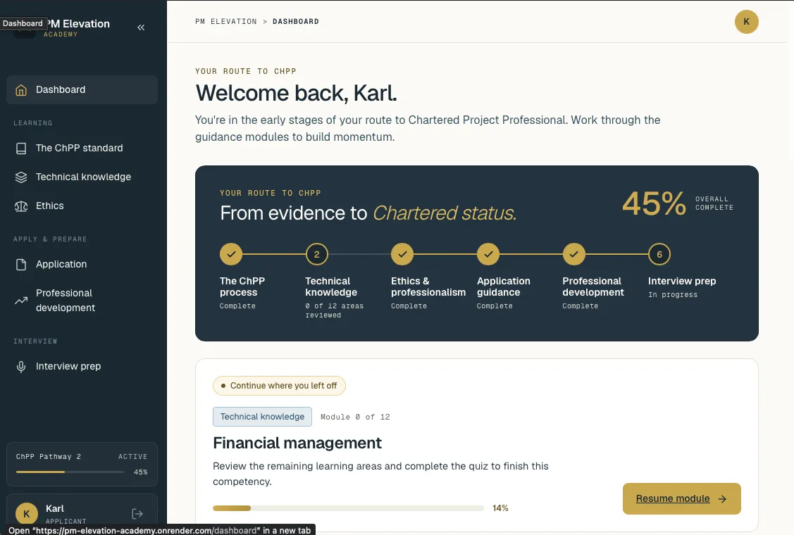 The PM Elevation Academy learning portal, showing a video lesson and module progress.